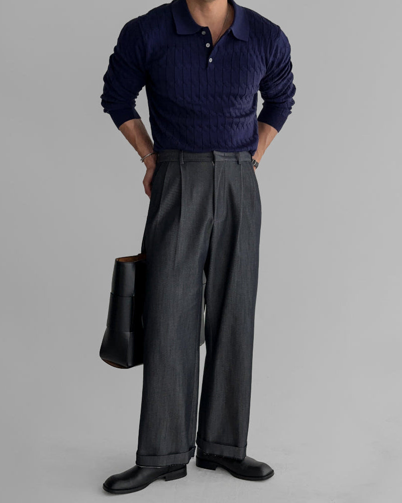 Buttoned Cable Knit Polo Sweater