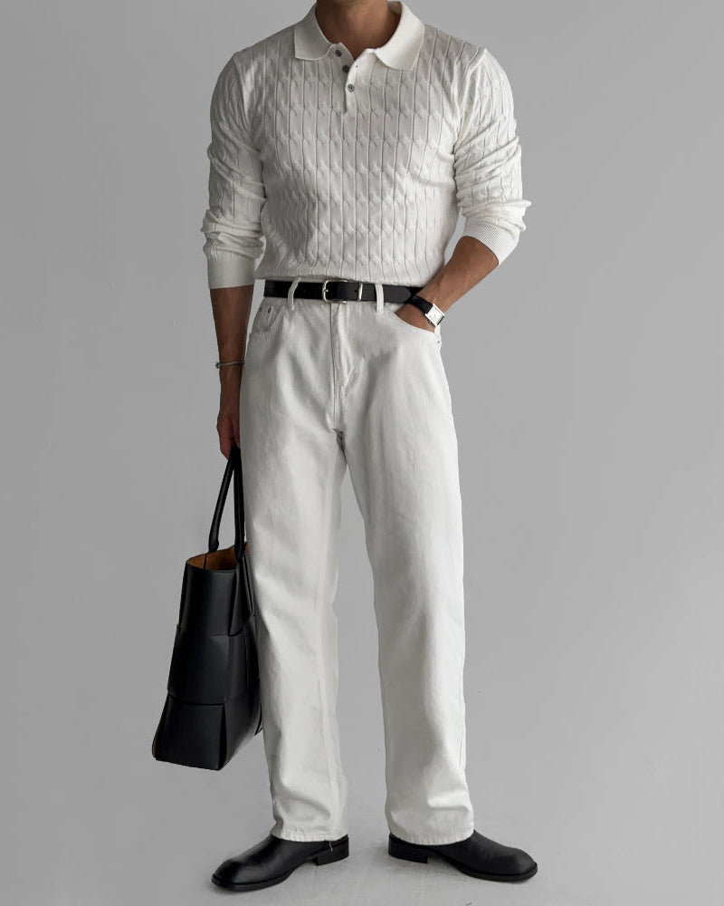 Buttoned Cable Knit Polo Sweater