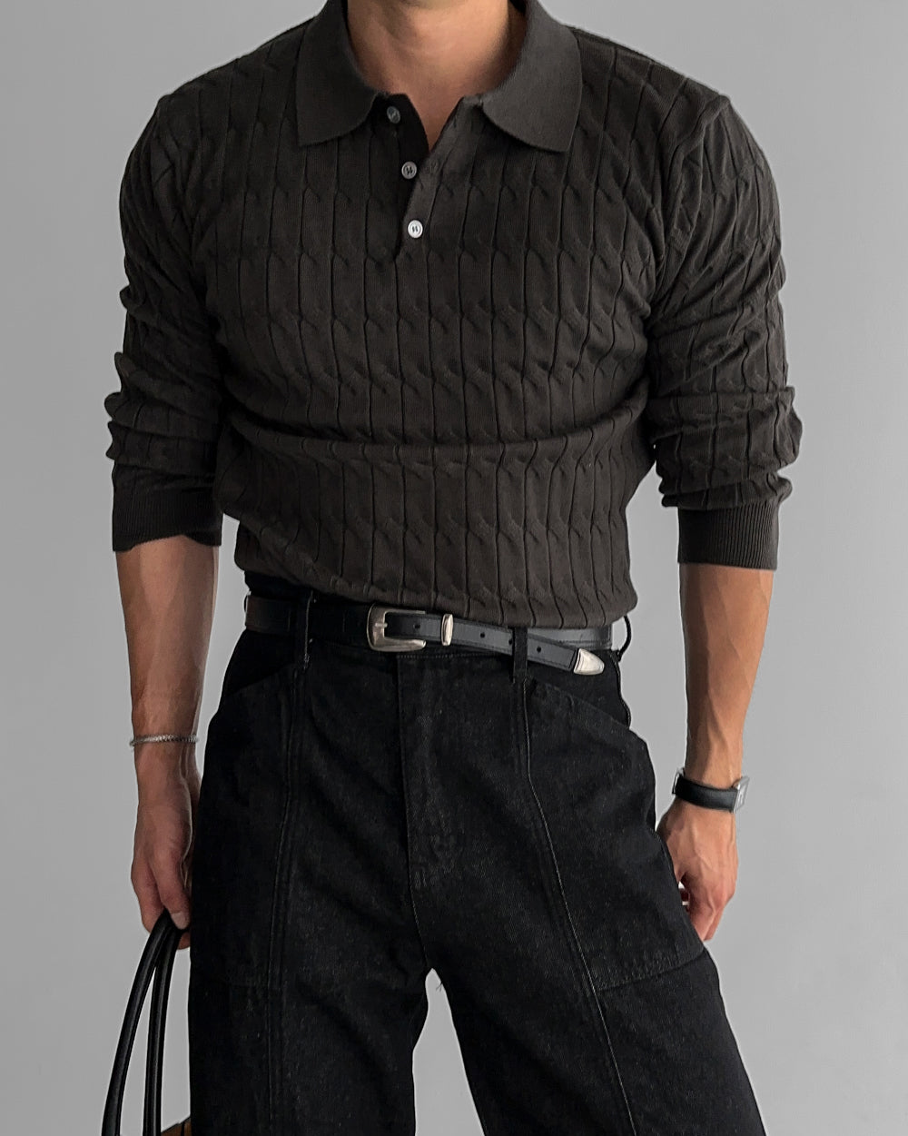 Buttoned Cable Knit Polo Sweater
