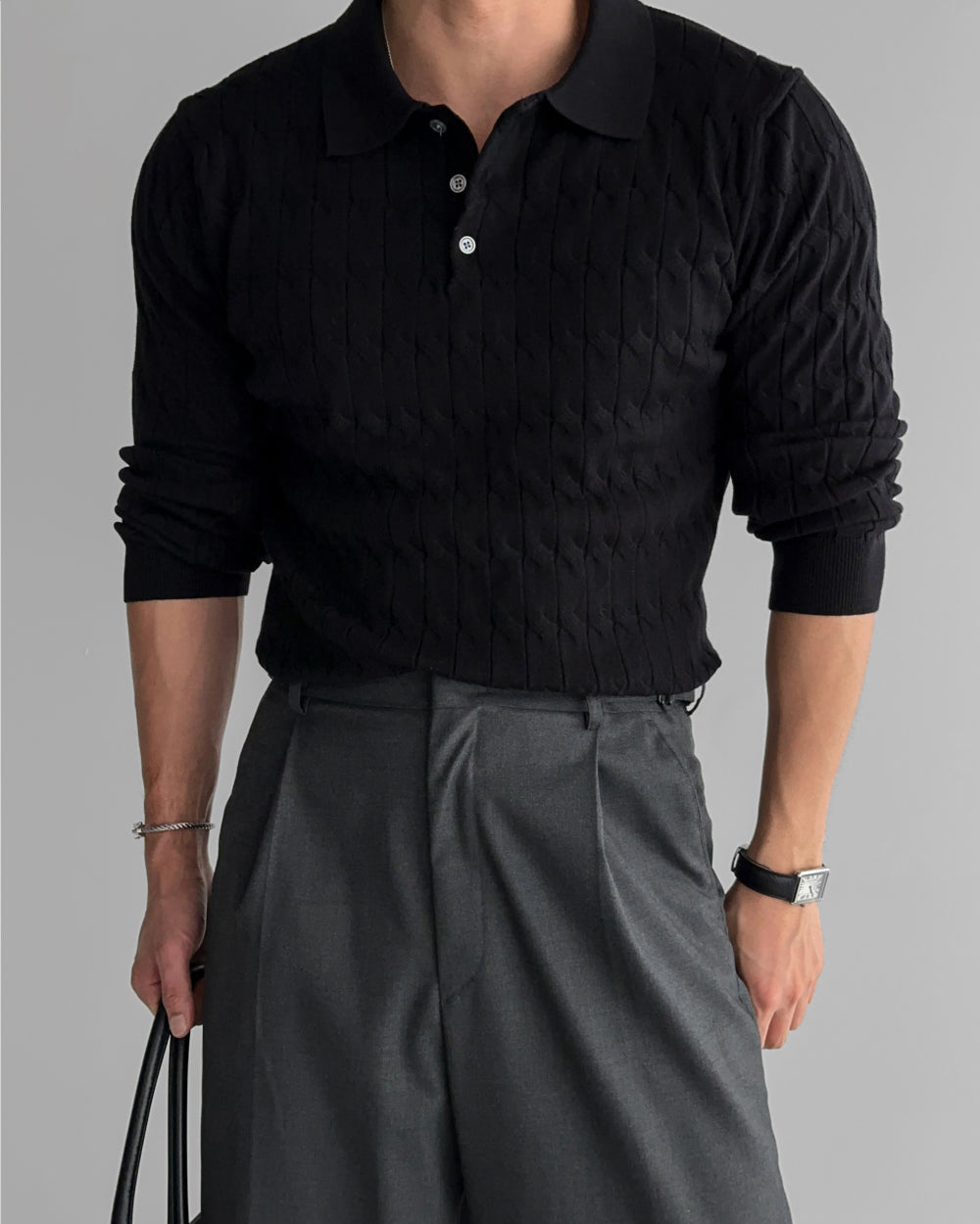 Buttoned Cable Knit Polo Sweater