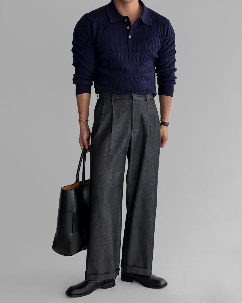 Buttoned Cable Knit Polo Sweater