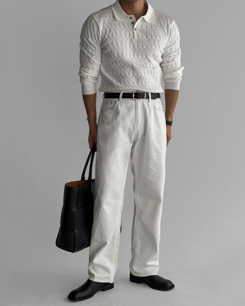 Buttoned Cable Knit Polo Sweater
