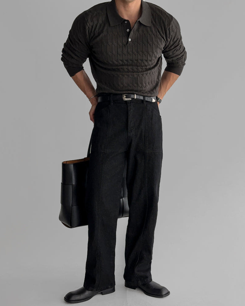 Buttoned Cable Knit Polo Sweater