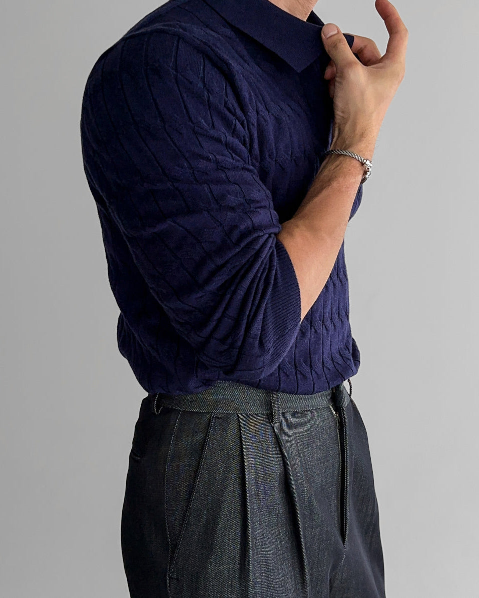 Buttoned Cable Knit Polo Sweater