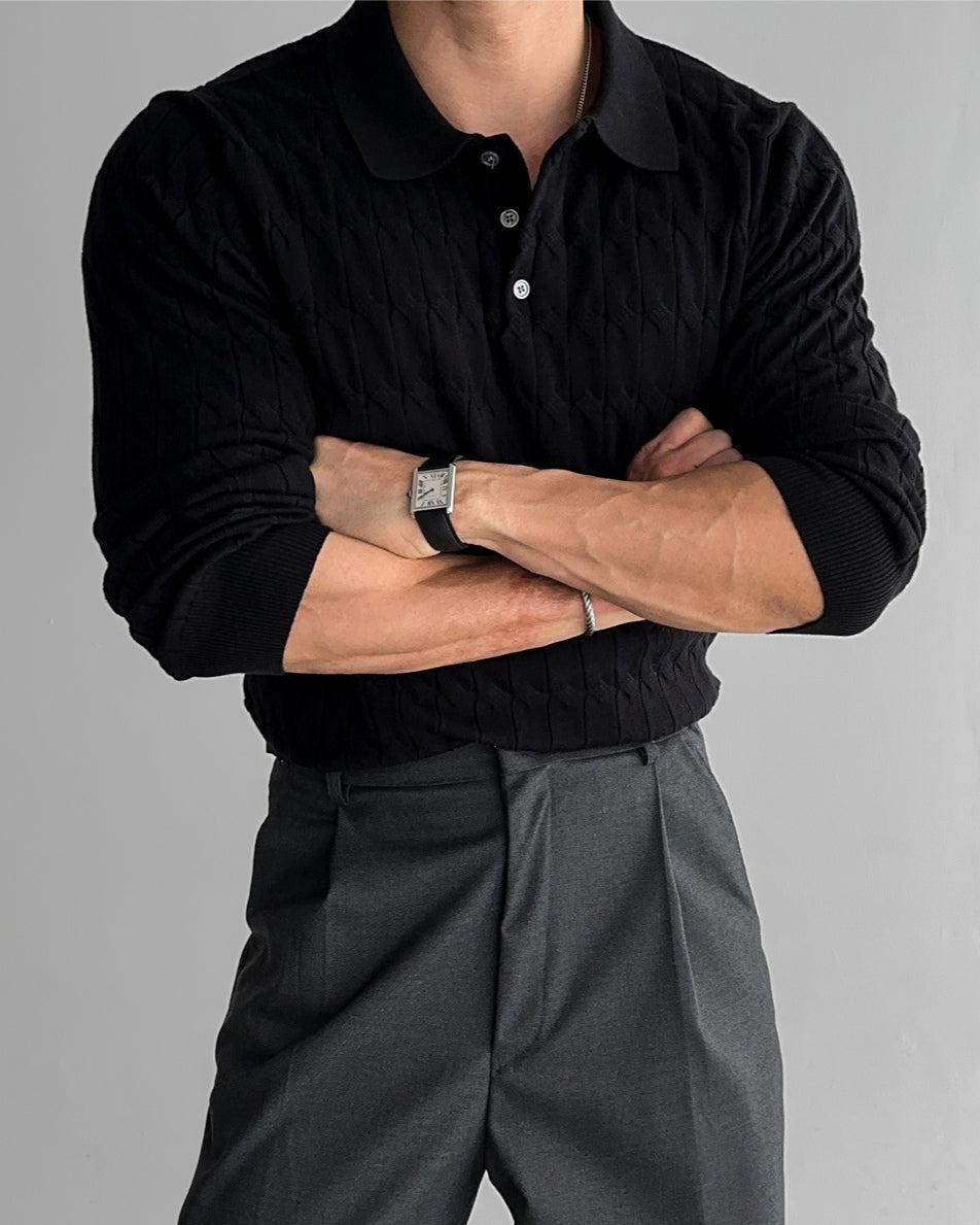 Buttoned Cable Knit Polo Sweater