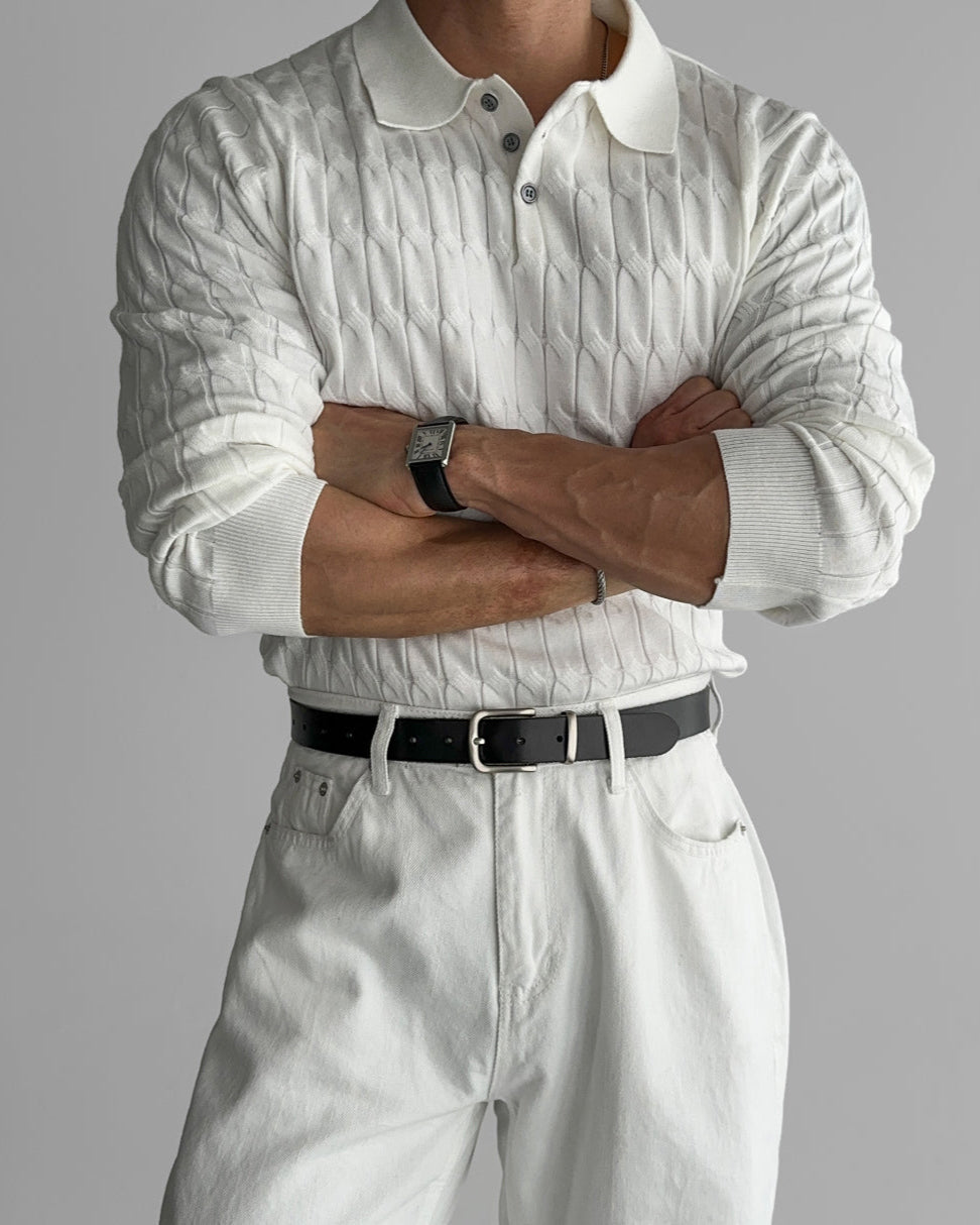 Buttoned Cable Knit Polo Sweater