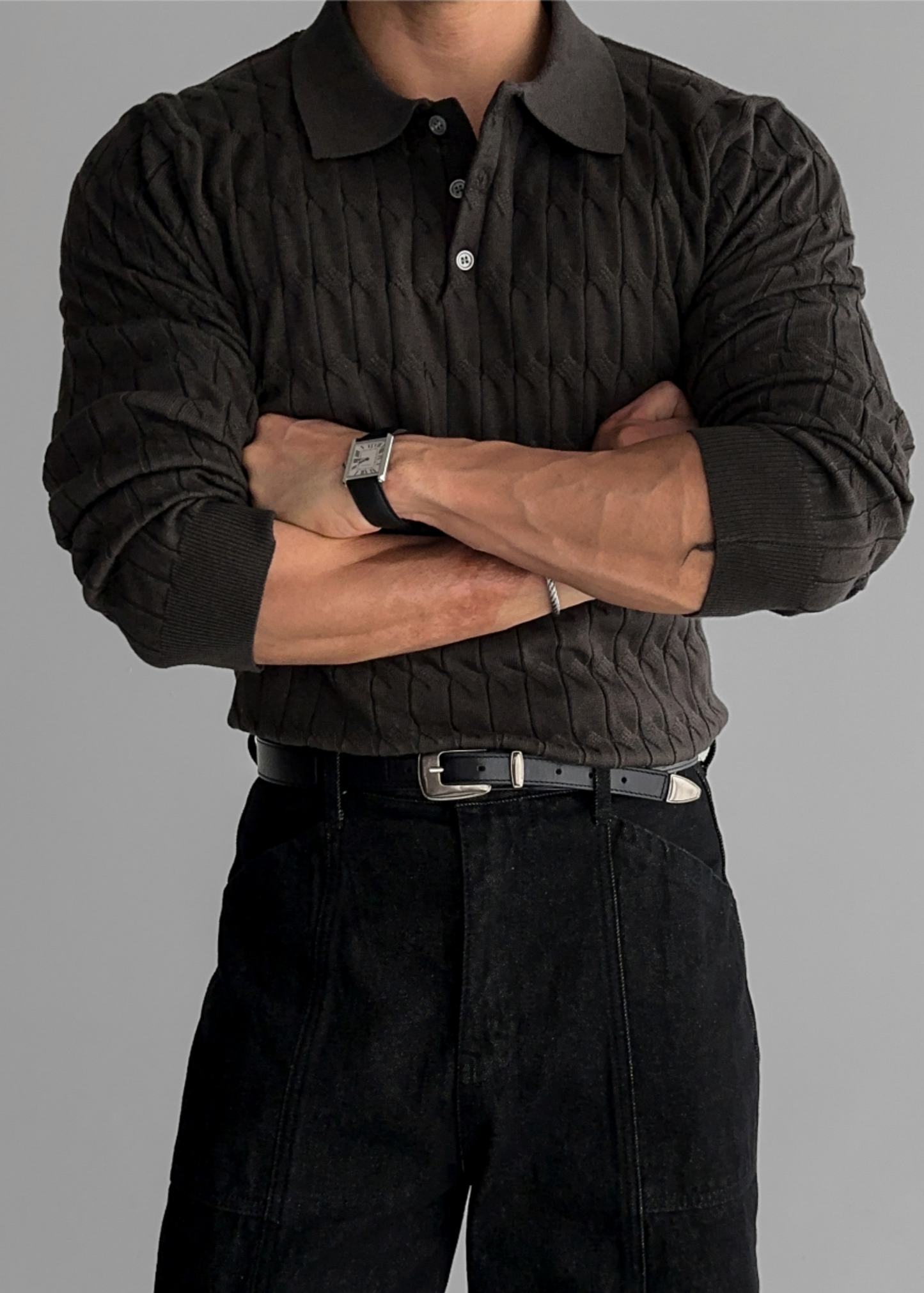 Buttoned Cable Knit Polo Sweater