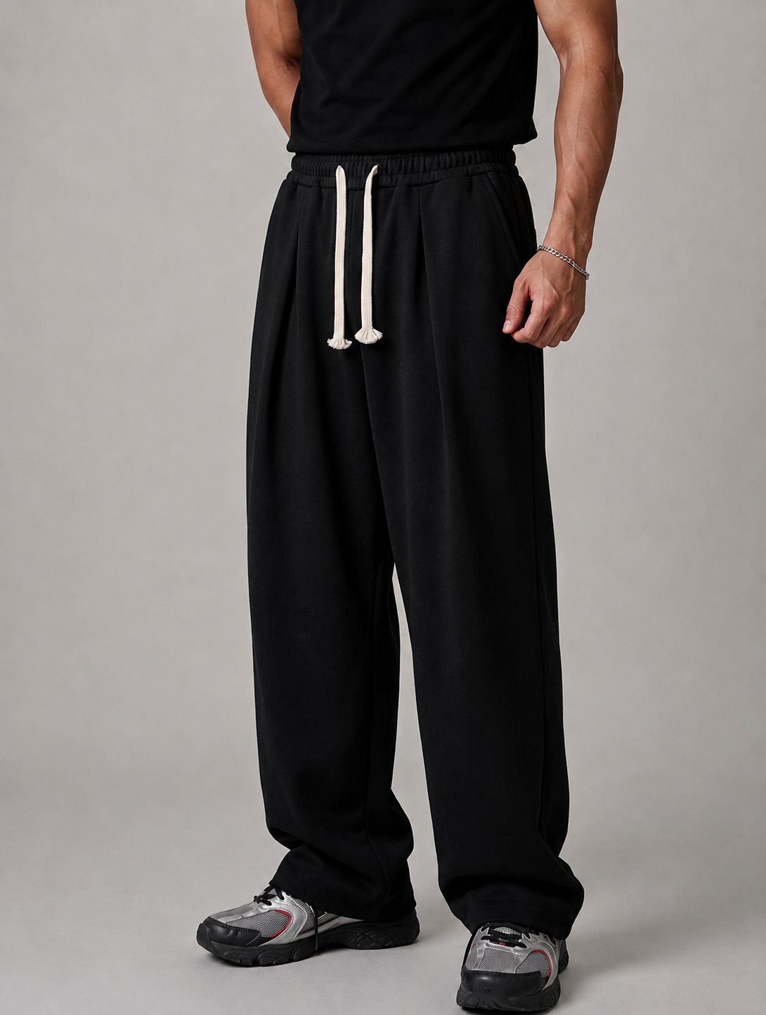 Pleated Wide-Leg Sweatpants Black detail