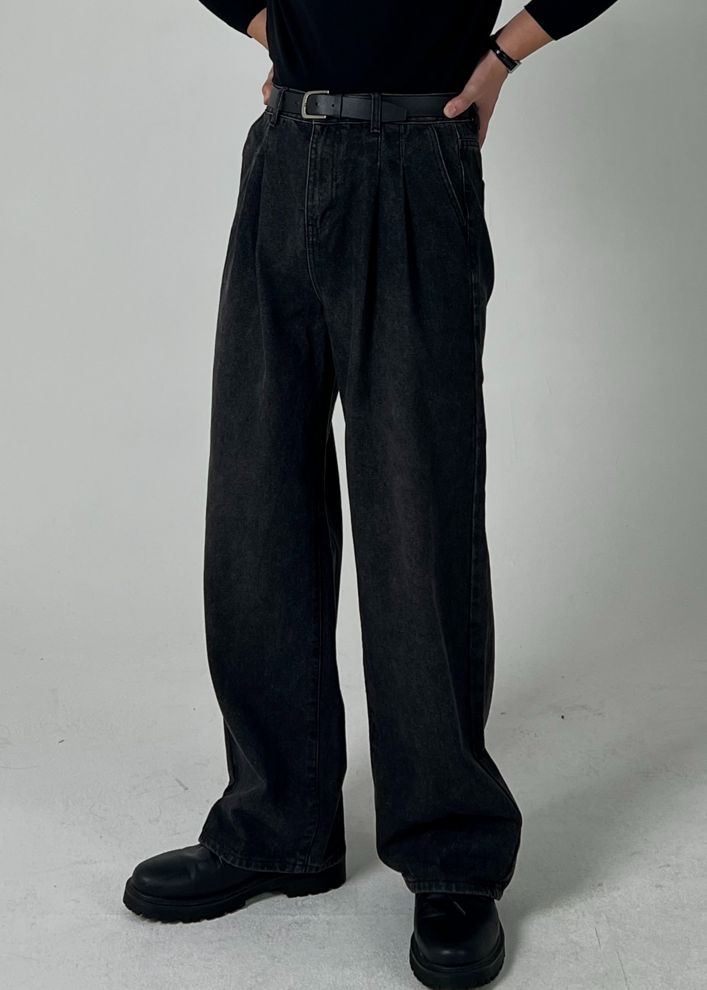 Wide Double-Tuck Denim Pants