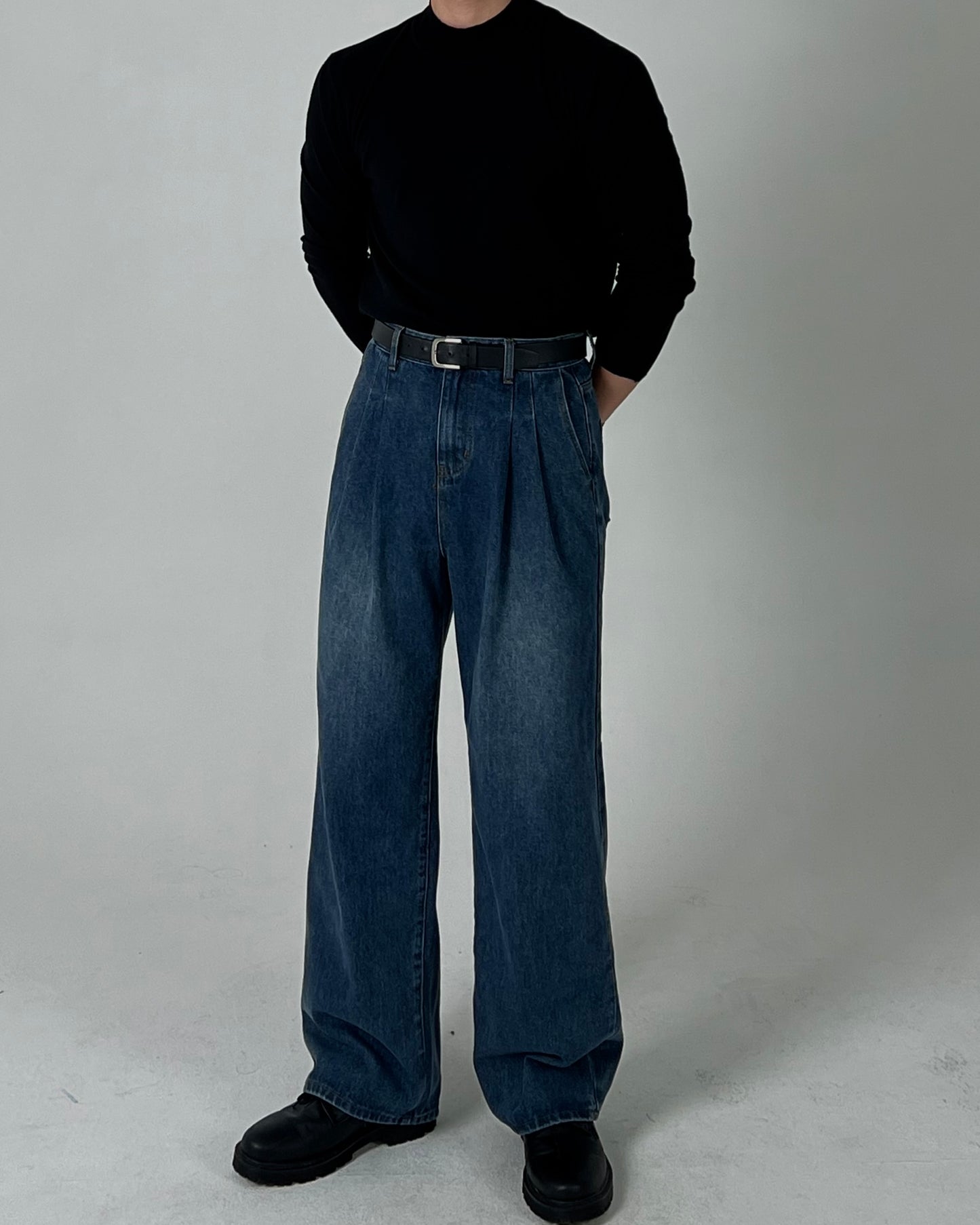 Wide Double-Tuck Denim Pants