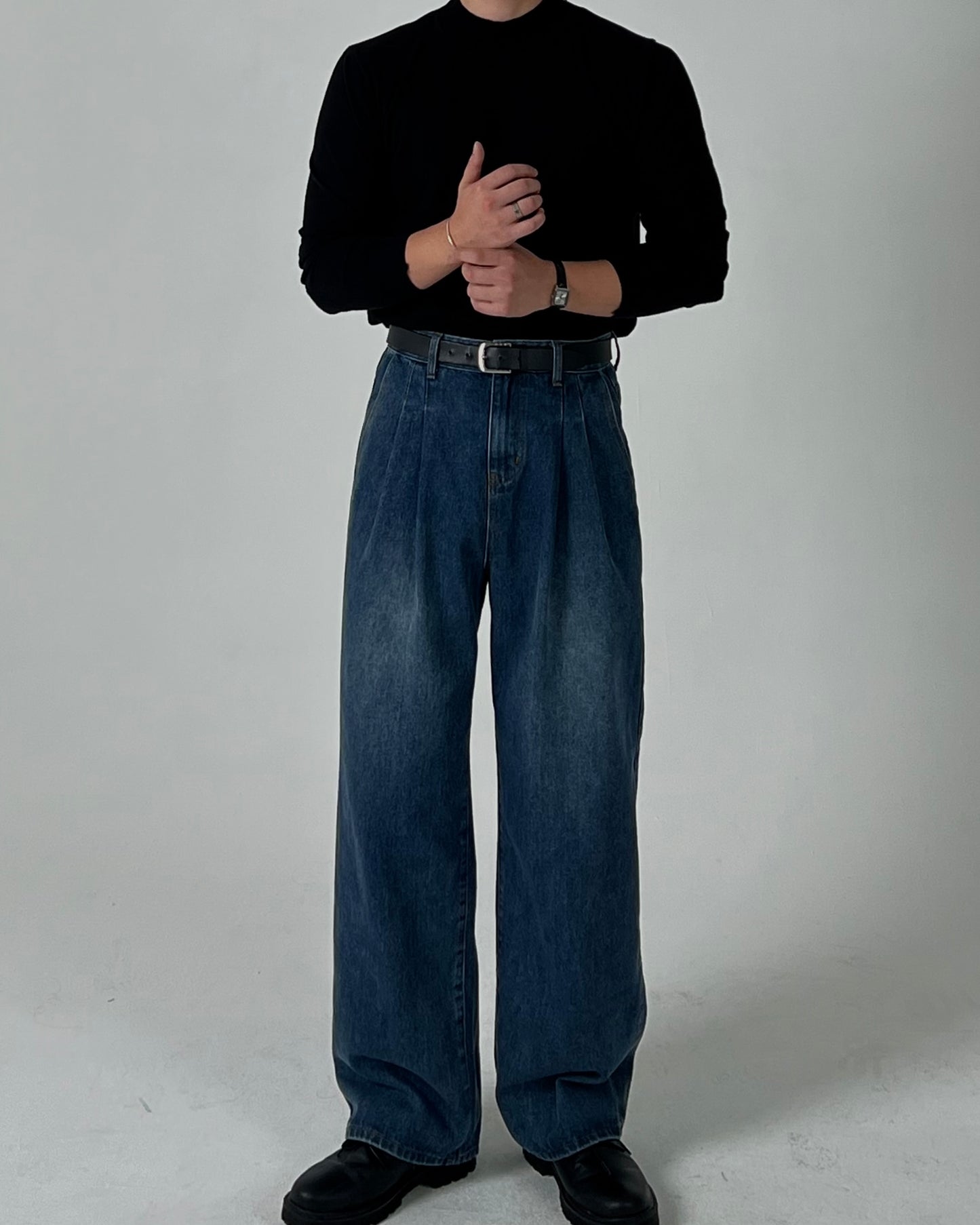 Wide Double-Tuck Denim Pants