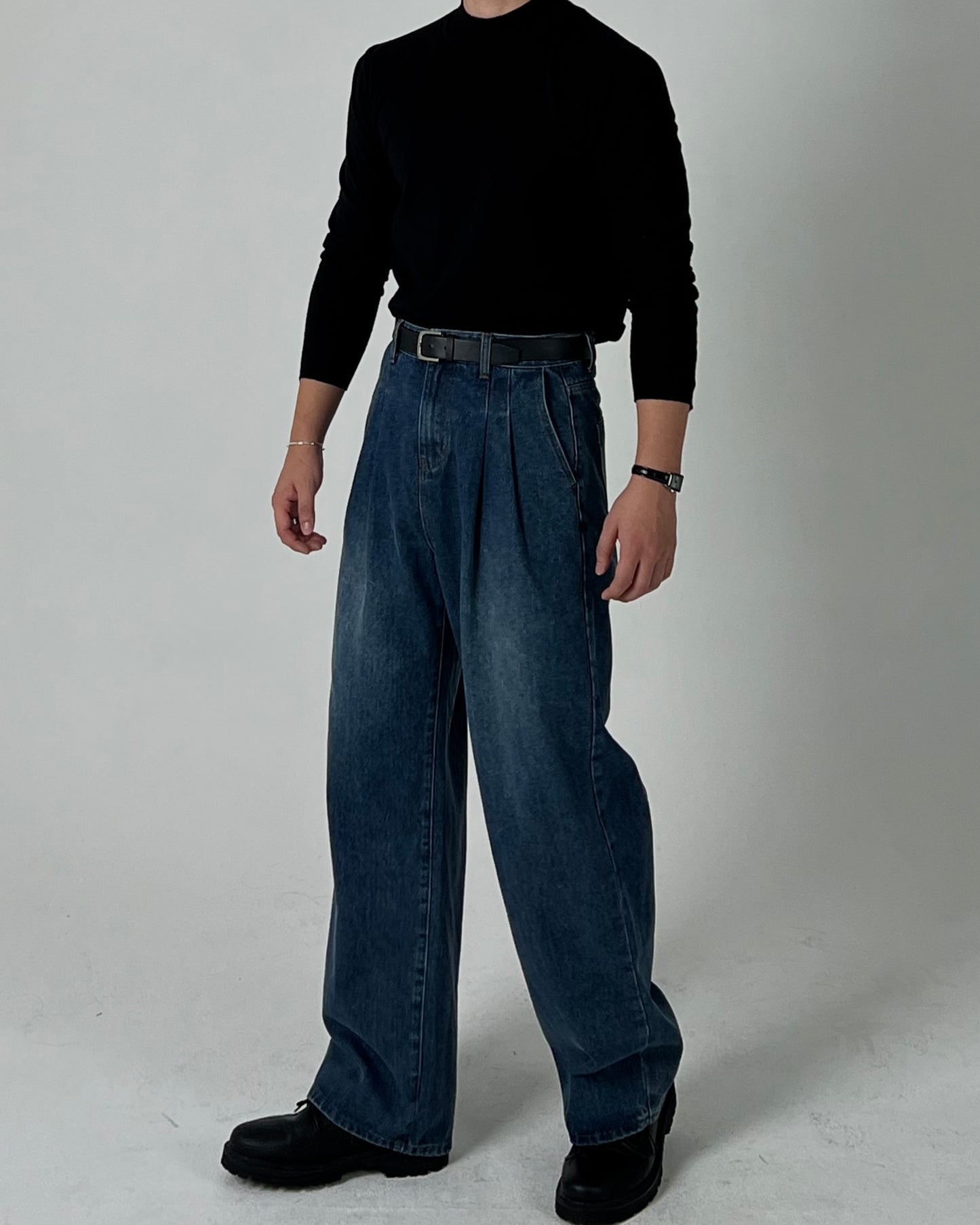 Wide Double-Tuck Denim Pants