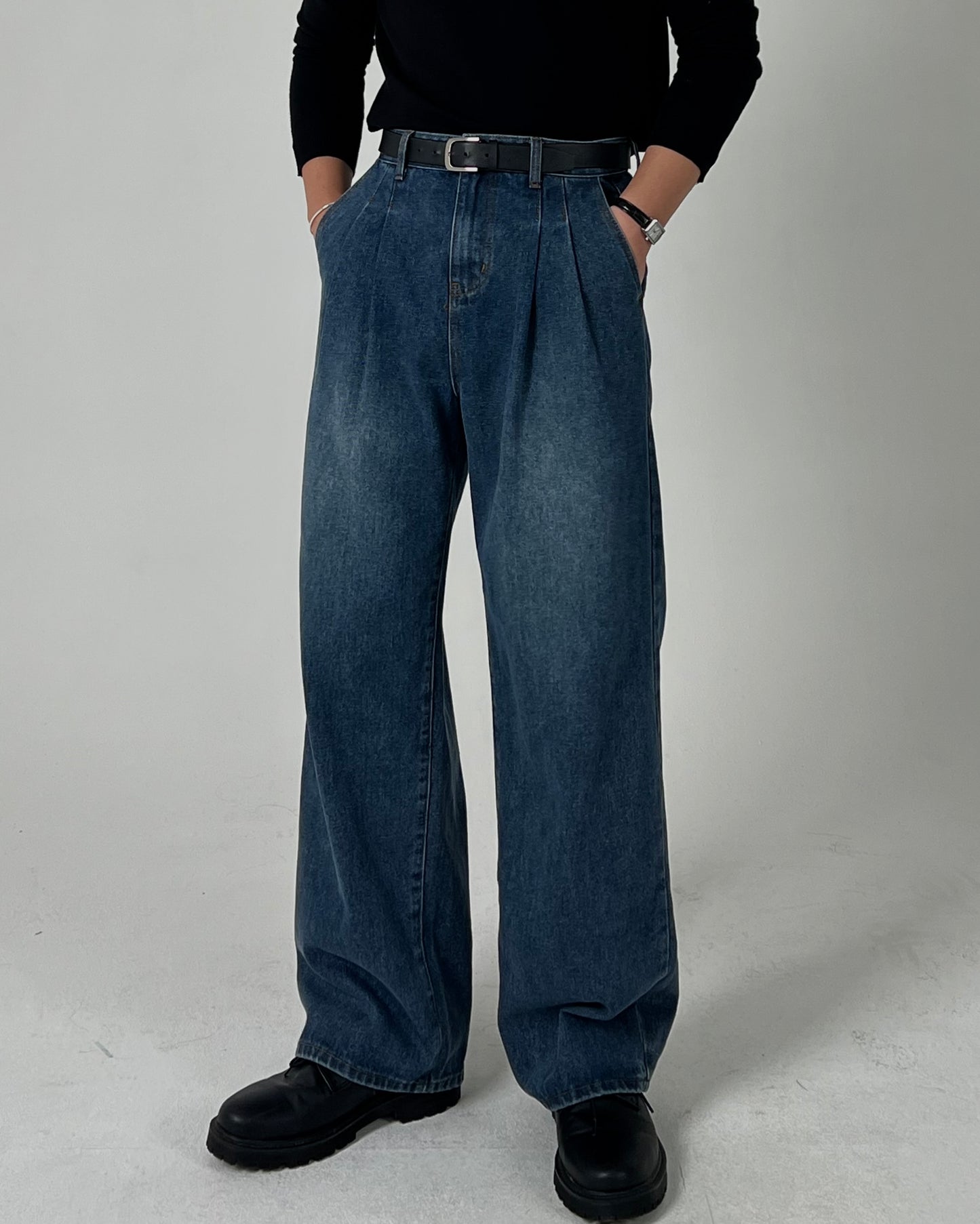 Wide Double-Tuck Denim Pants