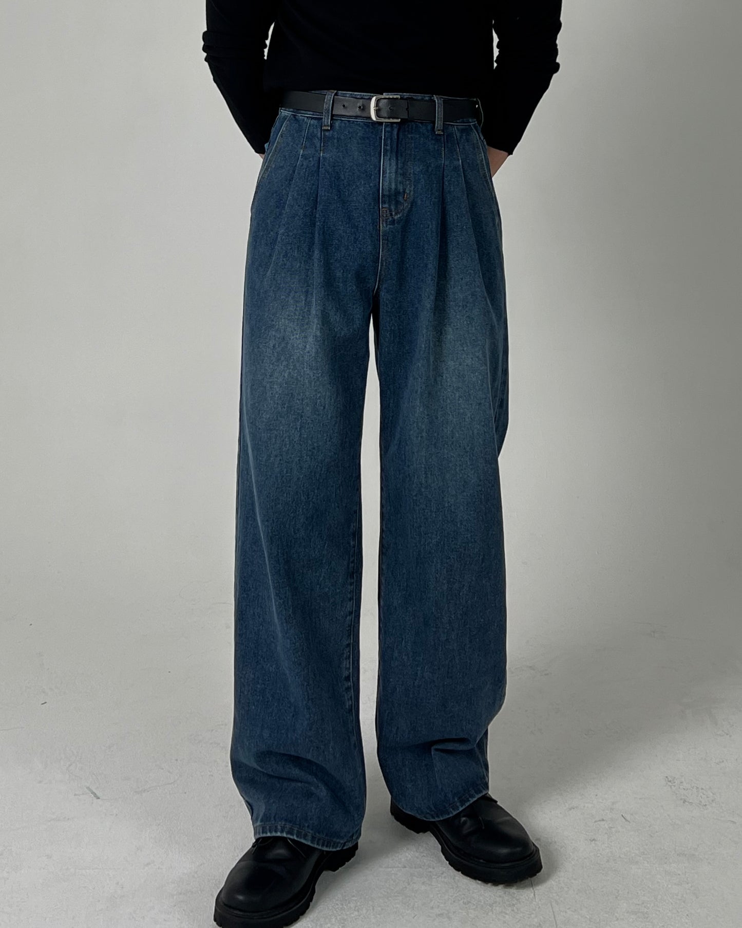 Wide Double-Tuck Denim Pants