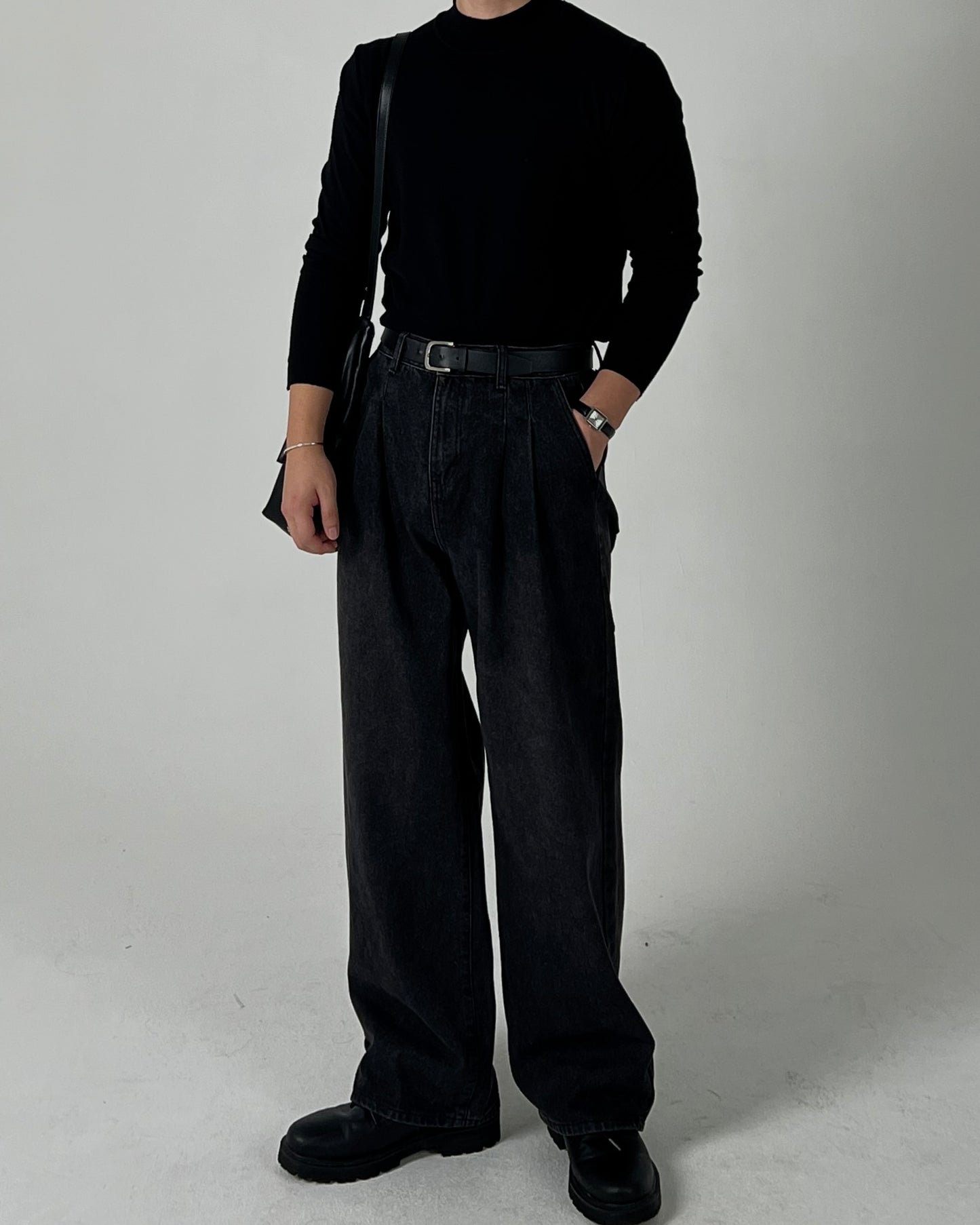 Wide Double-Tuck Denim Pants