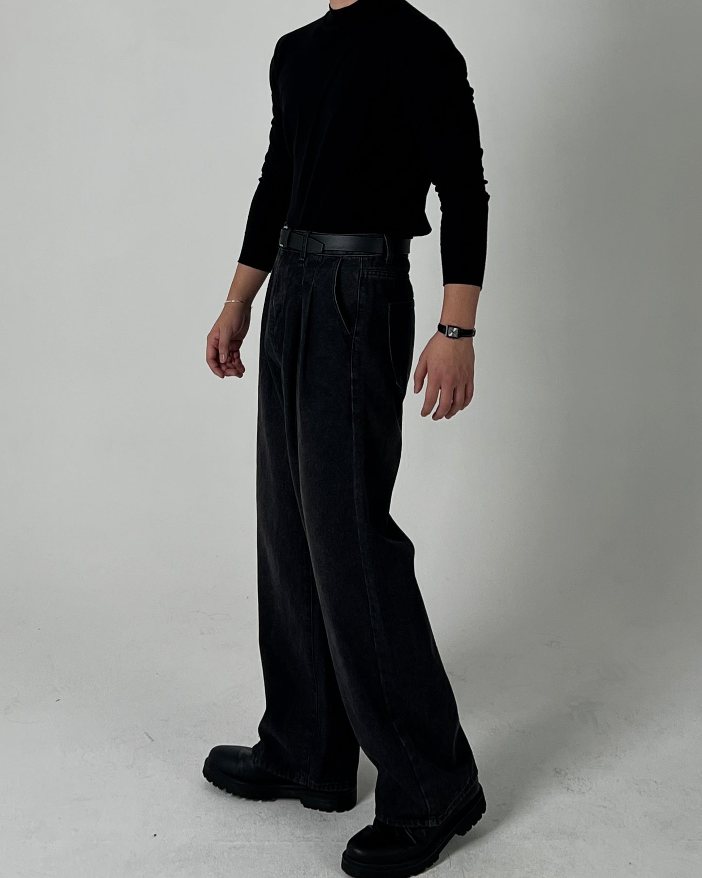 Wide Double-Tuck Denim Pants