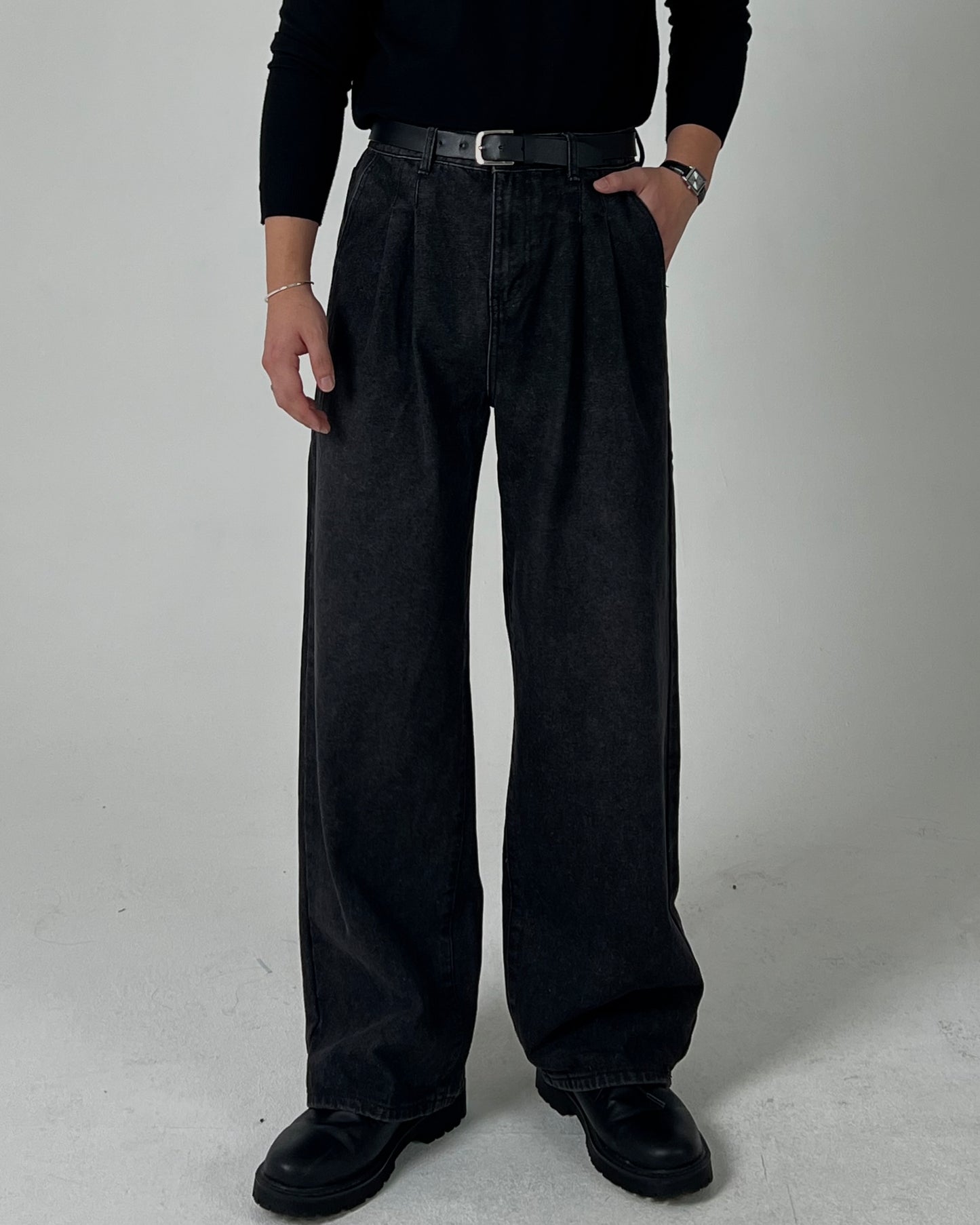 Wide Double-Tuck Denim Pants