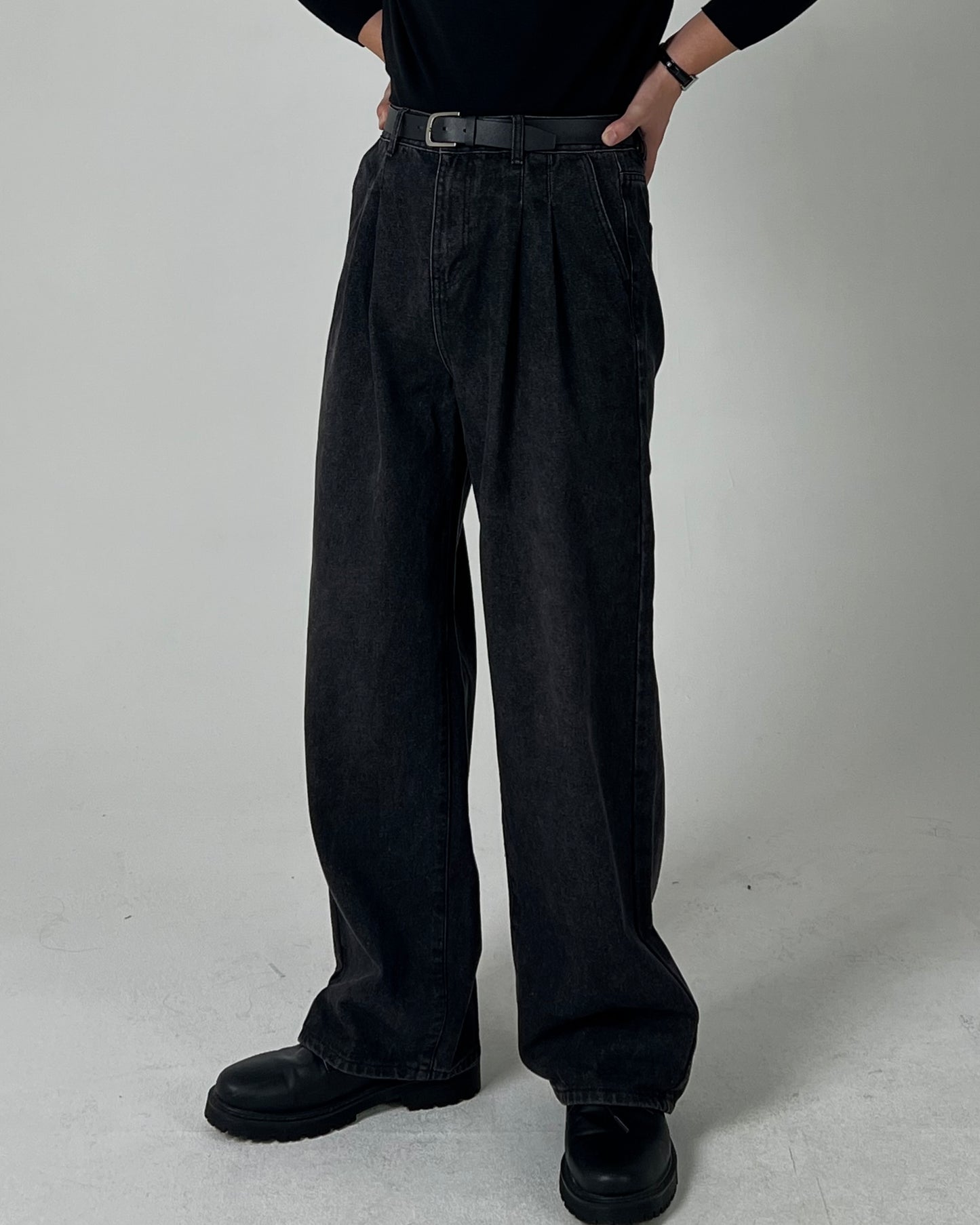 Wide Double-Tuck Denim Pants