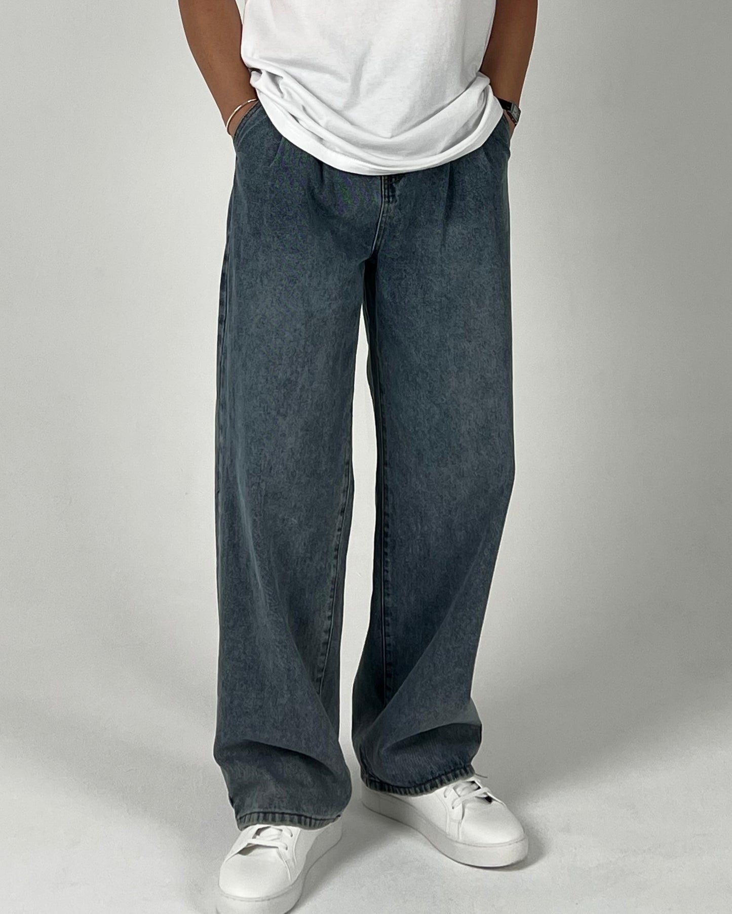 Wide Double-Tuck Denim Pants