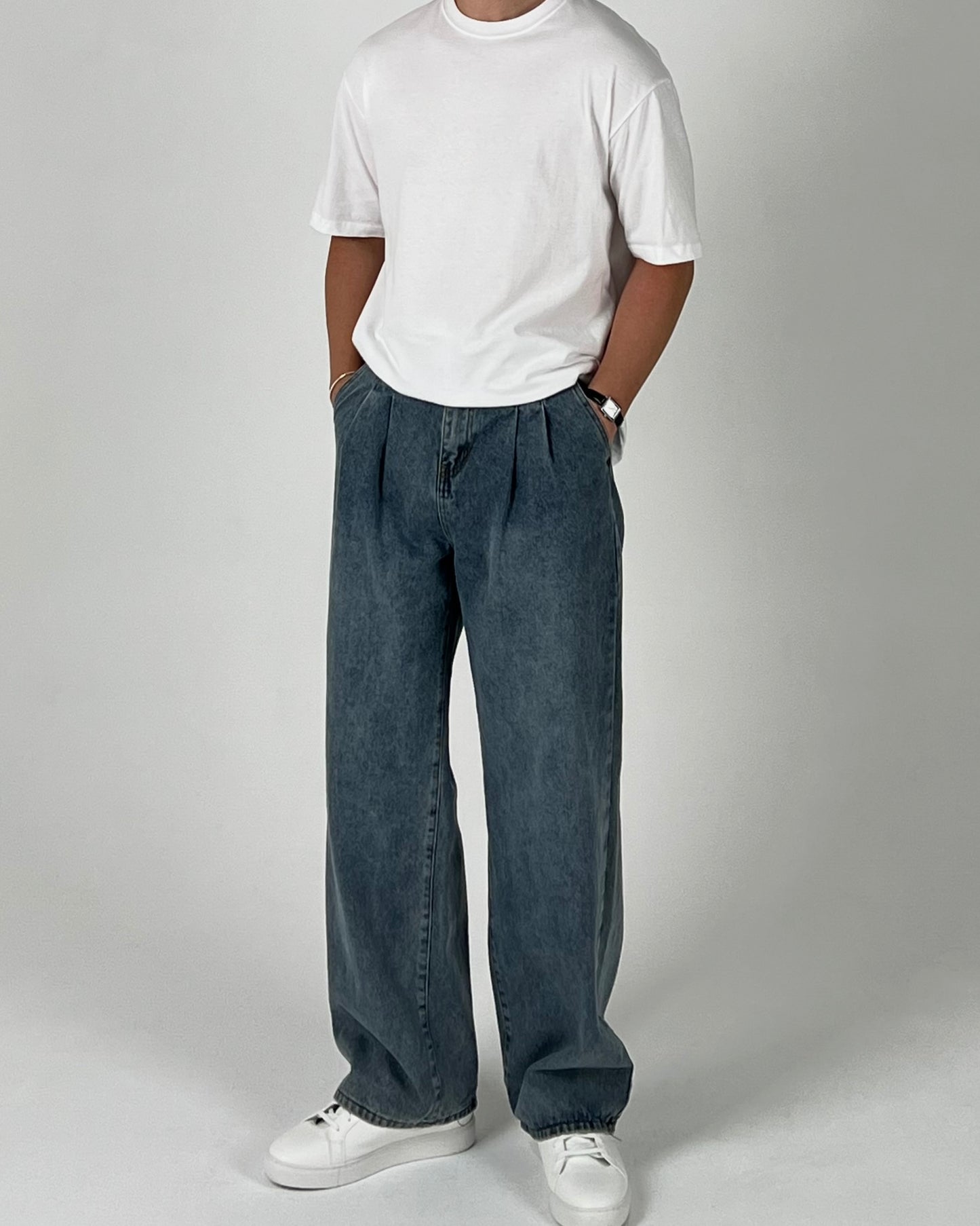 Wide Double-Tuck Denim Pants